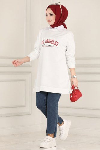 moda selvim Yandan Yırtmaçlı Tesettür Tunik 0170UZ662 Ekru - Thumbnail