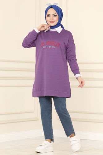 moda selvim Yandan Yırtmaçlı Tesettür Tunik 0170UZ662 Lila - Thumbnail