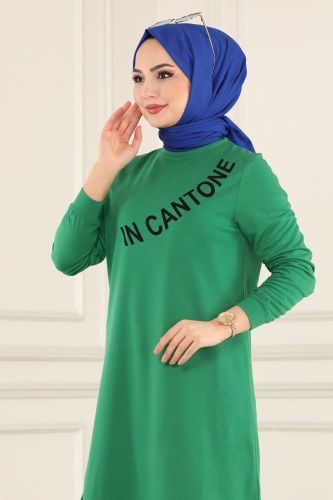 moda selvim Yazı Baskılı Spor Tunik 7044NZR779 Benetton Yeşili - Thumbnail