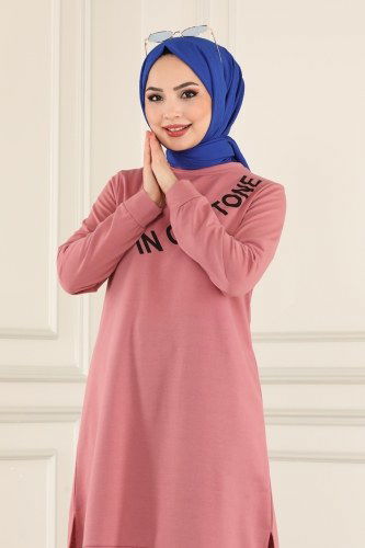 moda selvim Yazı Baskılı Spor Tunik 7044NZR779 Gül Kurusu - Thumbnail