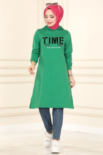 moda selvim Yazı Baskılı Spor Tunik 7046NZR779 Benetton Yeşili - Thumbnail
