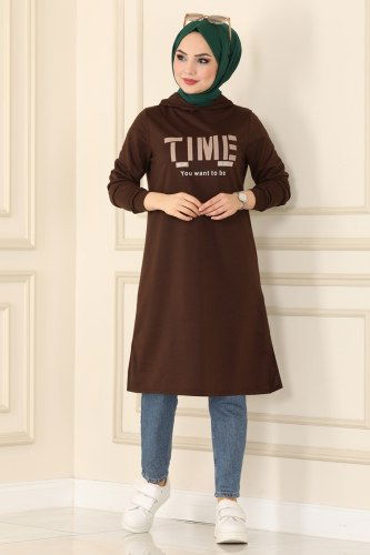 moda selvim Yazı Baskılı Spor Tunik 7046NZR779 Kahve - Thumbnail