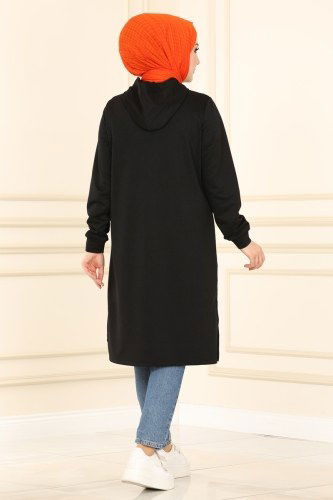 moda selvim Yazı Baskılı Spor Tunik 7046NZR779 Siyah - Thumbnail
