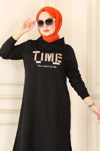 moda selvim Yazı Baskılı Spor Tunik 7046NZR779 Siyah - Thumbnail
