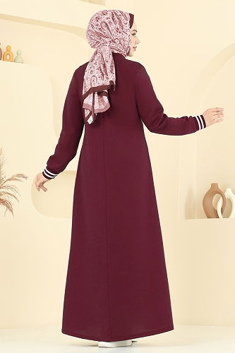 moda selvim Yazı Baskılı Tesettür Elbise 4108PM271 Bordo - Thumbnail