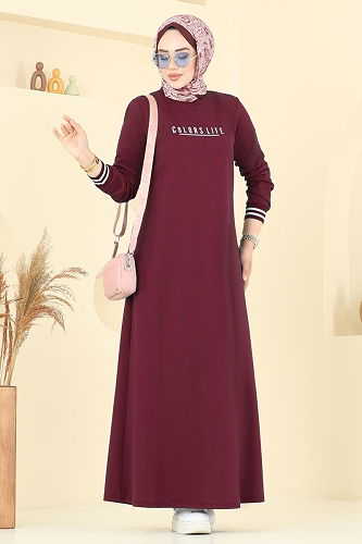 moda selvim Yazı Baskılı Tesettür Elbise 4108PM271 Bordo - Thumbnail