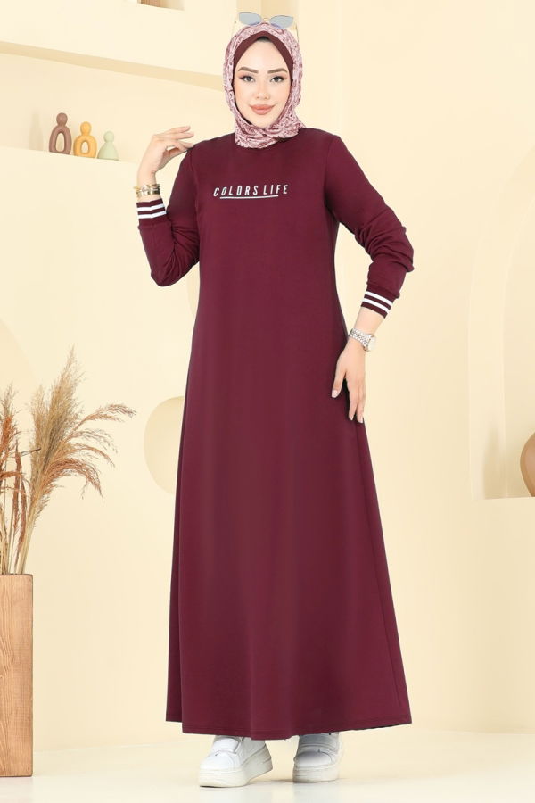 Modaselvim Elbise Yazı Baskılı Tesettür Elbise 4108PM271 Bordo