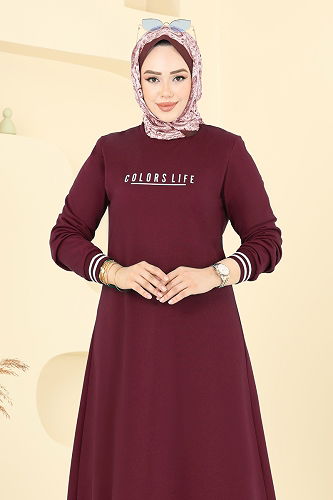 moda selvim Yazı Baskılı Tesettür Elbise 4108PM271 Bordo - Thumbnail