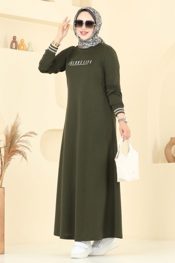 Modaselvim Elbise Yazı Baskılı Tesettür Elbise 4108PM271 Haki