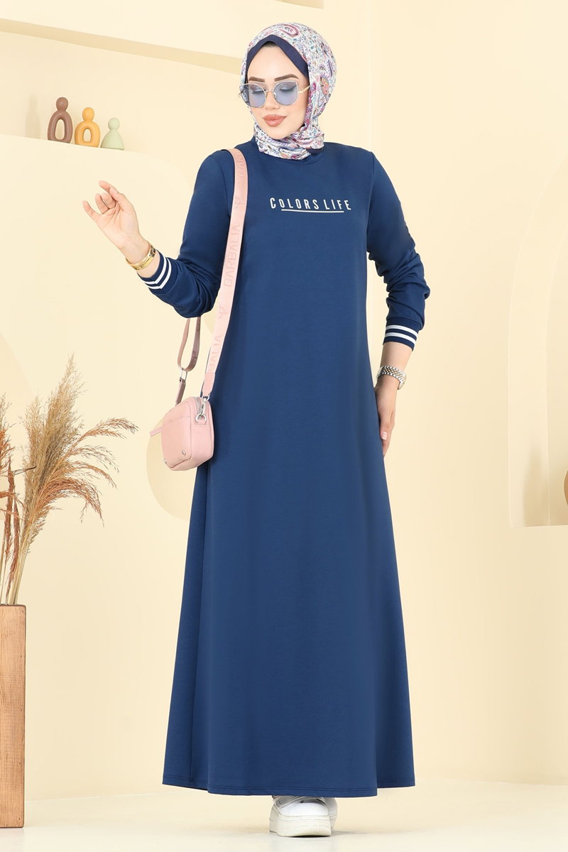 Yazı Baskılı Tesettür Elbise 4108PM271 İndigo