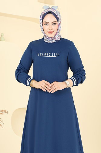 moda selvim Yazı Baskılı Tesettür Elbise 4108PM271 İndigo - Thumbnail