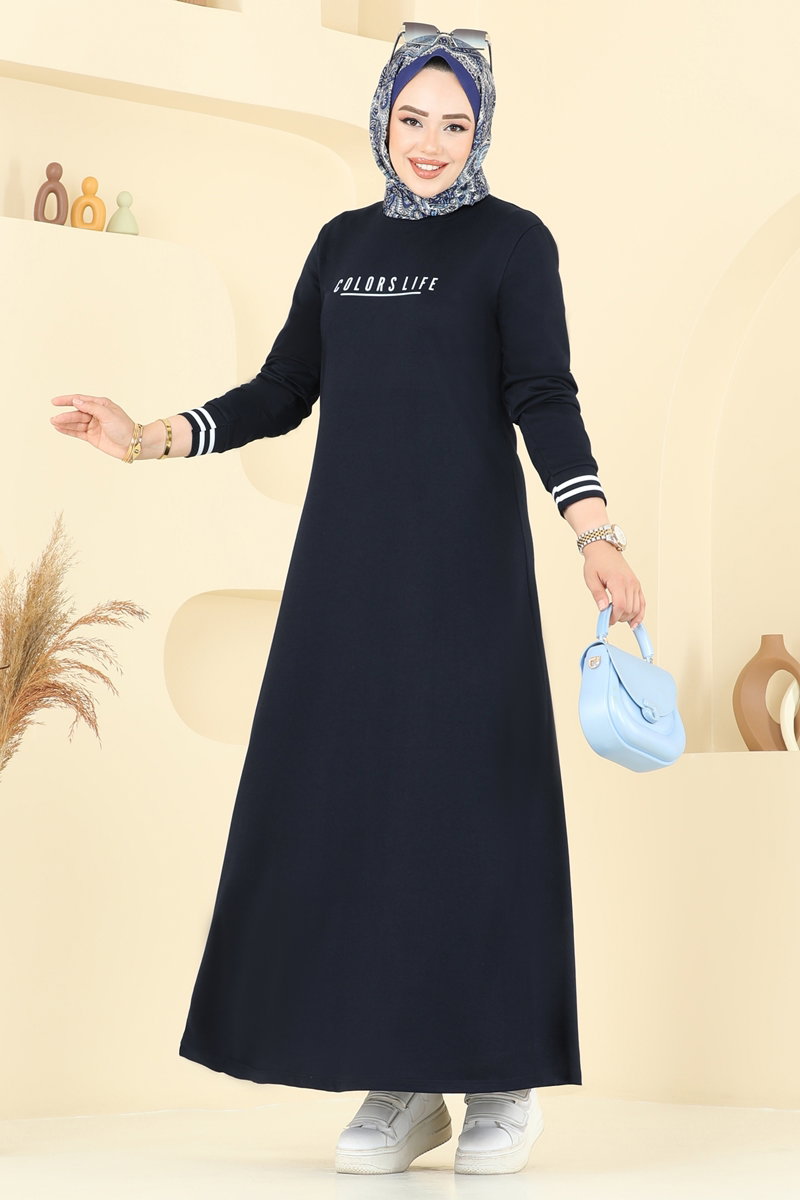 Yazı Baskılı Tesettür Elbise 4108PM271 Koyu Laci