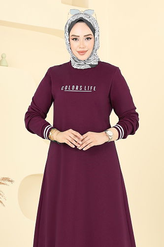 moda selvim Yazı Baskılı Tesettür Elbise 4108PM271 Mürdüm - Thumbnail