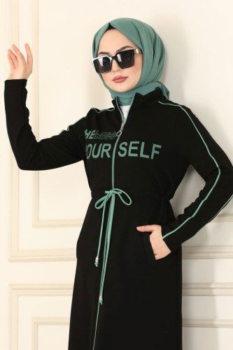 moda selvim Yazı Baskılı Tesettür Ferace 7055NZR779 Siyah&Mint - Thumbnail