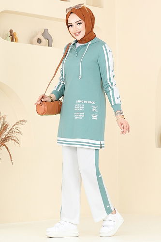 moda selvim Yazı Baskılı Tesettür Takım 2599SL432 Mint - Thumbnail