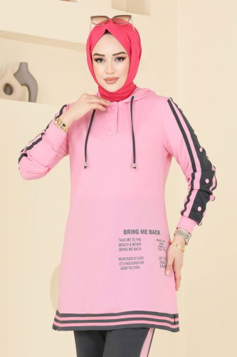 moda selvim Yazı Baskılı Tesettür Takım 2599SL432 Pembe - Thumbnail