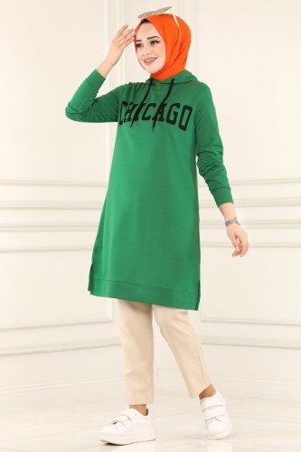 moda selvim Yazı Baskılı Tesettür Tunik 2003YNS793 Benetton Yeşili - Thumbnail
