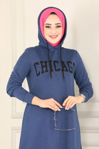 moda selvim Yazı Baskılı Tesettür Tunik 2003YNS793 İndigo - Thumbnail