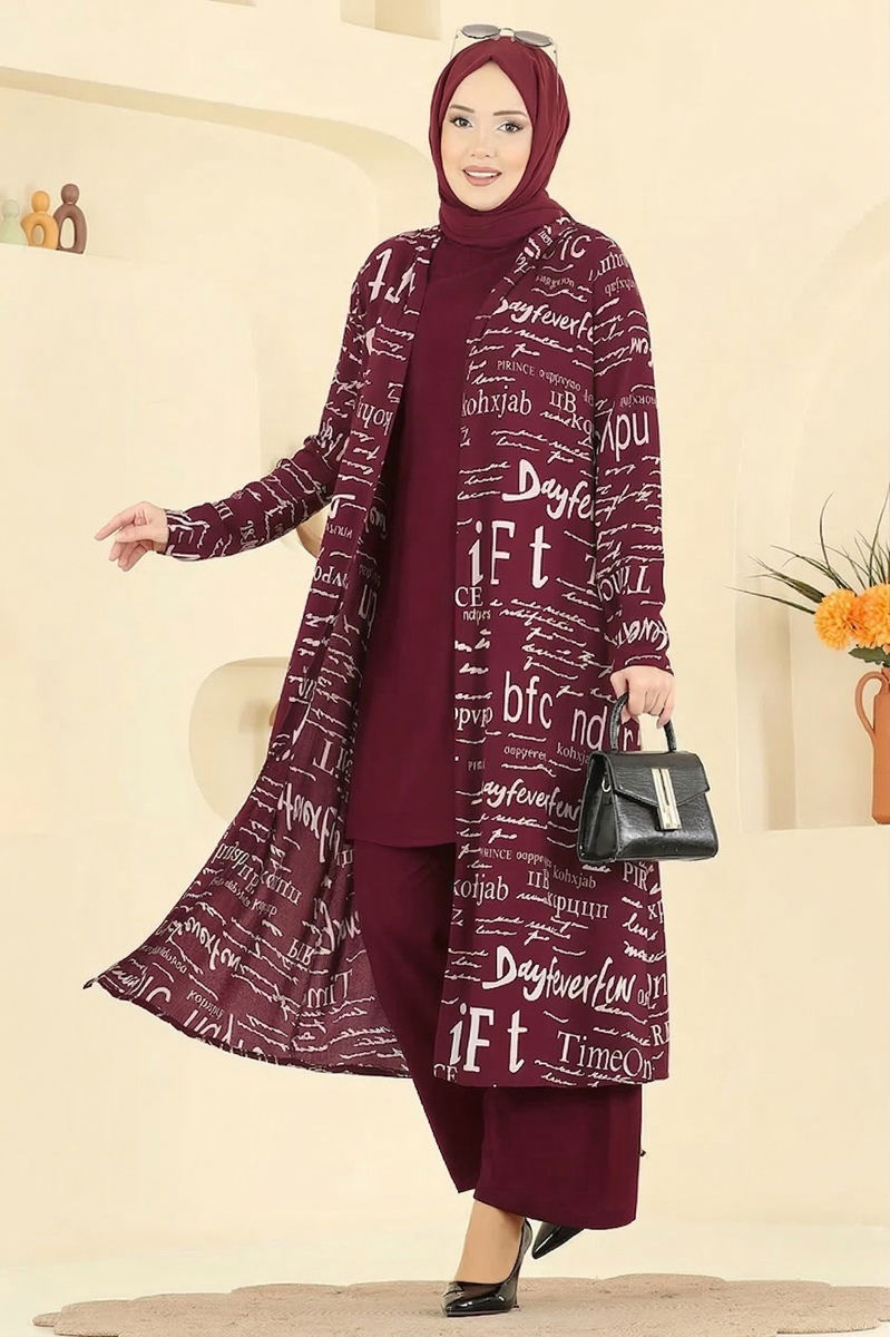 Yazı Baskılı Üçlü Takım 2525ERK1158 Bordo