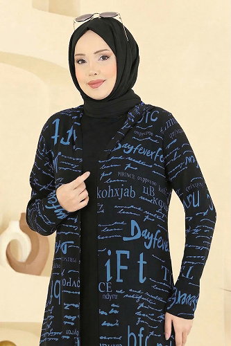 moda selvim Yazı Baskılı Üçlü Takım 2525ERK1158 İndigo&Siyah - Thumbnail