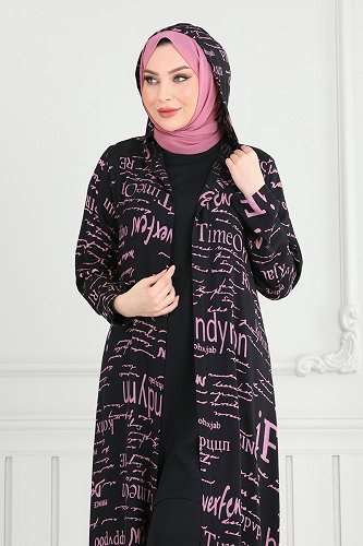 moda selvim Yazı Baskılı Üçlü Takım 2525ERK1158 Lila&Siyah - Thumbnail