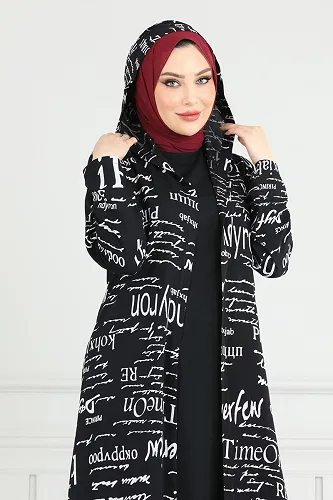 moda selvim Yazı Baskılı Üçlü Takım 2525ERK1158 Siyah - Thumbnail