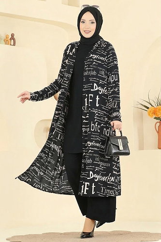 moda selvim Yazı Baskılı Üçlü Takım 2525ERK1158 Siyah - Thumbnail