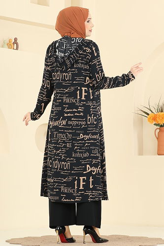 moda selvim Yazı Baskılı Üçlü Takım 2525ERK1158 Vizyon&Siyah - Thumbnail