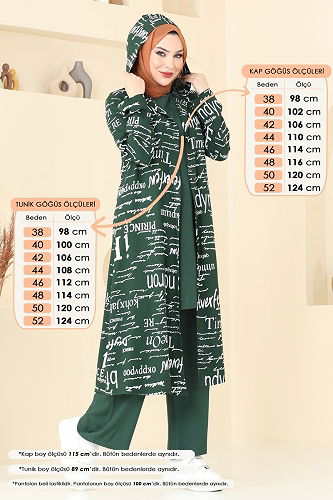 moda selvim Yazı Baskılı Üçlü Takım 2525ERK1158 Zümrüt - Thumbnail