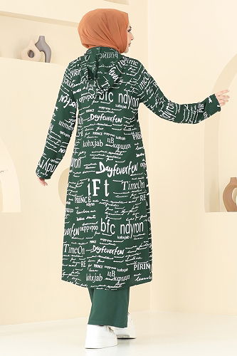 moda selvim Yazı Baskılı Üçlü Takım 2525ERK1158 Zümrüt - Thumbnail