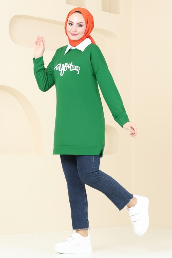 Modaselvim ANNELER GÜNÜNE ÖZEL Yazı Baskılı Yırtmaçlı Tunik 5069UZ662 Benetton Yeşili