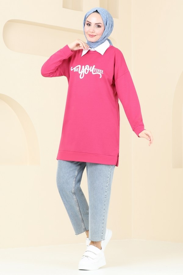 Modaselvim ANNELER GÜNÜNE ÖZEL Yazı Baskılı Yırtmaçlı Tunik 5069UZ662 Fuşya