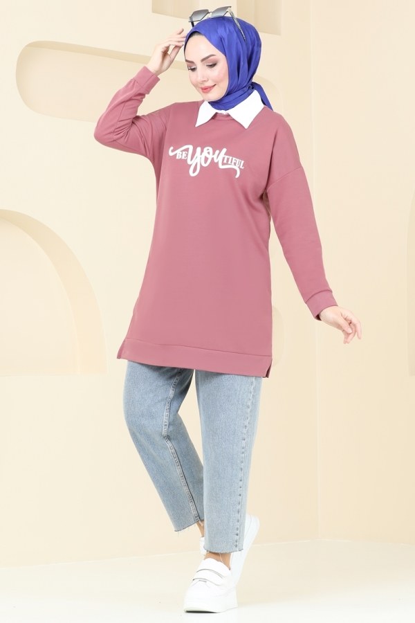 Modaselvim ANNELER GÜNÜNE ÖZEL Yazı Baskılı Yırtmaçlı Tunik 5069UZ662 Gül Kurusu