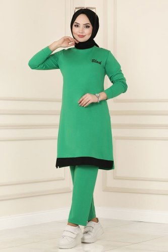moda selvim Yazı Detaylı Rahat Spor Takım 4444ASY563 Benetton Yeşili - Thumbnail