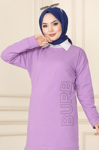 moda selvim Yazı Detaylı Spor Tunik 7823AYD574 Lila - Thumbnail