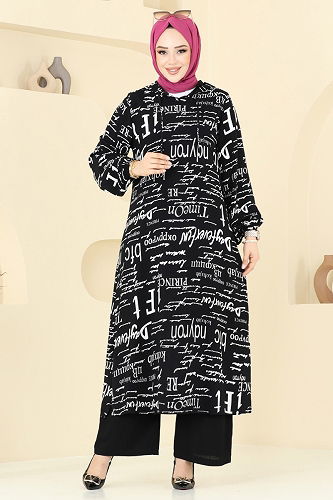 moda selvim Yazı Detaylı Tesettür Takım 0335BG354 Siyah - Thumbnail