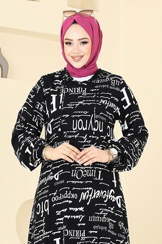 moda selvim Yazı Detaylı Tesettür Takım 0335BG354 Siyah - Thumbnail