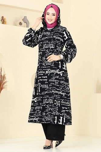 moda selvim Yazı Detaylı Tesettür Takım 0335BG354 Siyah - Thumbnail