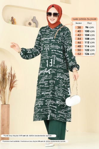 moda selvim Yazı Detaylı Tesettür Takım 0335BG354 Zümrüt - Thumbnail