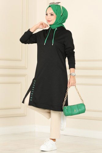 F.O.N. - Yazı Detaylı Tesettür Tunik 1922FON792 Siyah&Benetton Yeşili