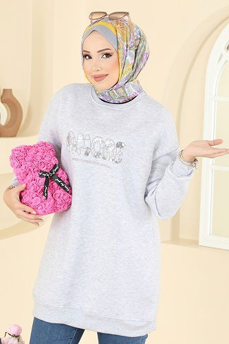 moda selvim Yazı Detaylı Üç İplik Tunik 5279TEG847 Gri - Thumbnail