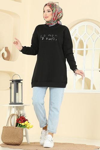 moda selvim Yazı Detaylı Üç İplik Tunik 5279TEG847 Siyah - Thumbnail