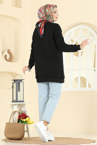 moda selvim Yazı Detaylı Üç İplik Tunik 5279TEG847 Siyah - Thumbnail