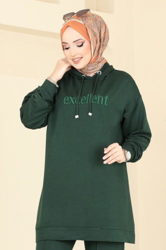 moda selvim Yazı Nakışlı Tesettür Takım 2683AYD574 Zümrüt - Thumbnail