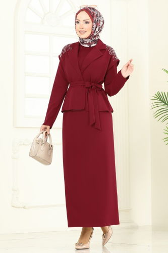 S.L. - Yeleği Taşlı Elbiseli Takım 2709SL432 Bordo