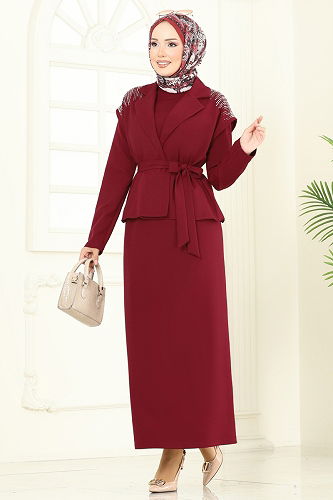 moda selvim Yeleği Taşlı Elbiseli Takım 2709SL432 Bordo - Thumbnail