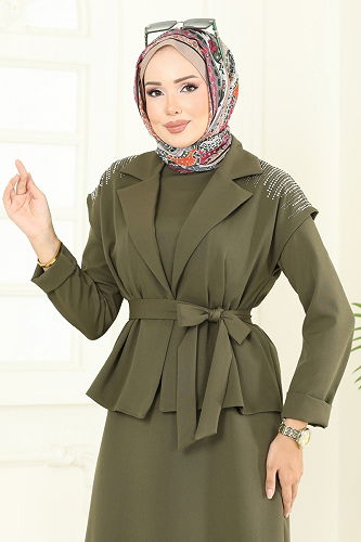 moda selvim Yeleği Taşlı Elbiseli Takım 2709SL432 Haki - Thumbnail