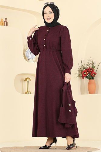 moda selvim Yelek Detaylı Balıksırtı Elbise 24096UKBK1160 Bordo - Thumbnail