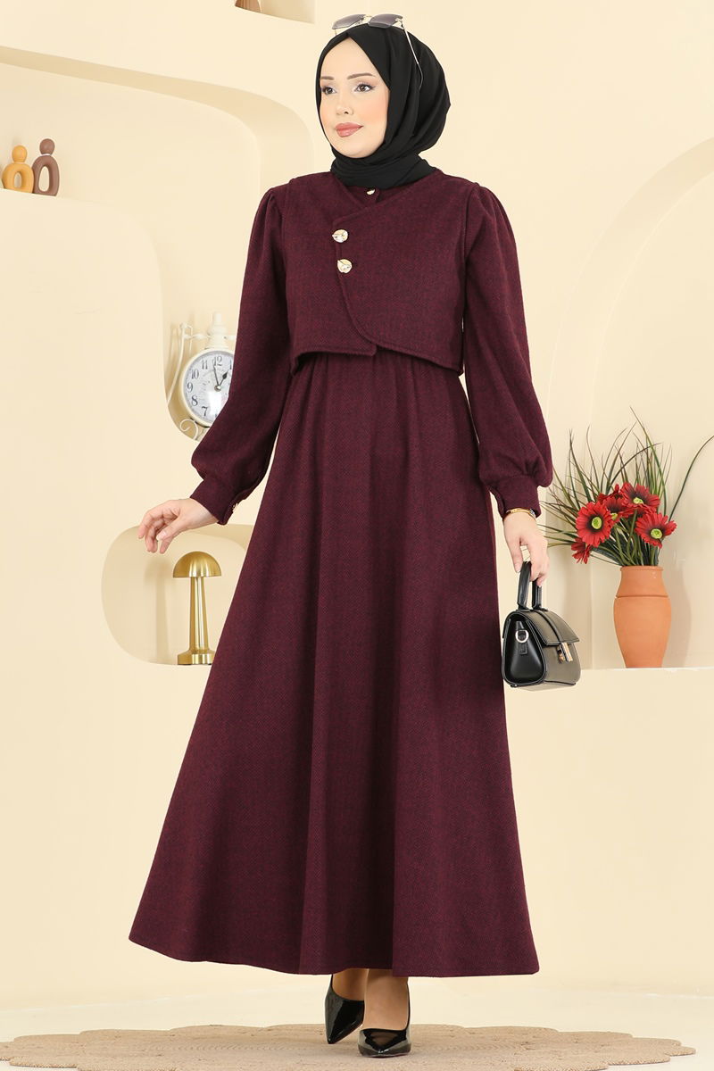 Yelek Detaylı Balıksırtı Elbise 24096UKBK1160 Bordo