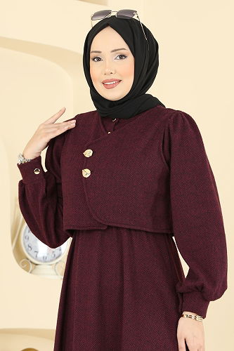 moda selvim Yelek Detaylı Balıksırtı Elbise 24096UKBK1160 Bordo - Thumbnail